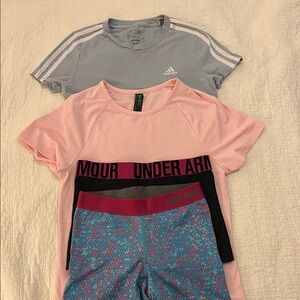 adidas Light Blue women’s tee and pink FWD(sport chek) tee. Two pairs shorts.